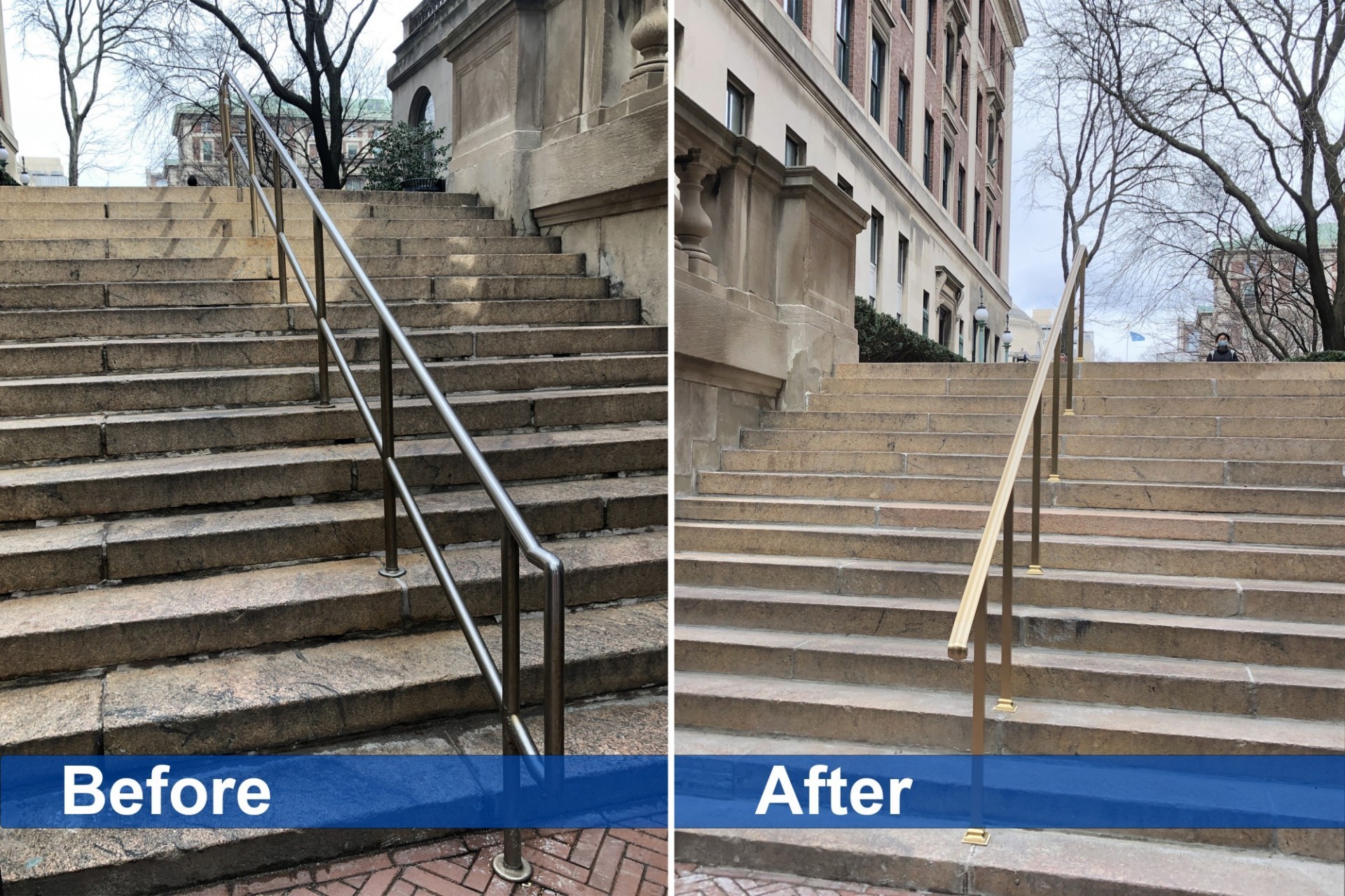 A before and after comparison of the granite steps at the 114th Street entrance, showing even, polished granite steps and a new brass handrail.