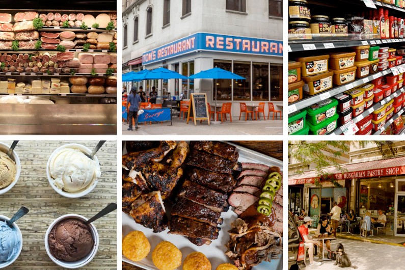 A collage of photos showing a deli case, Tom's Restaurant, a grocery isle filled with Asian foods, ice cream, cooked meat, and the storefront of the Hungarian Pastry Shop.