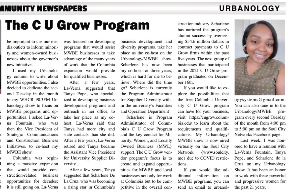 A clipping of a news article on CU Grow, featuring a photo of Scharlene De La Cruz, program coordinator for CU Grow.