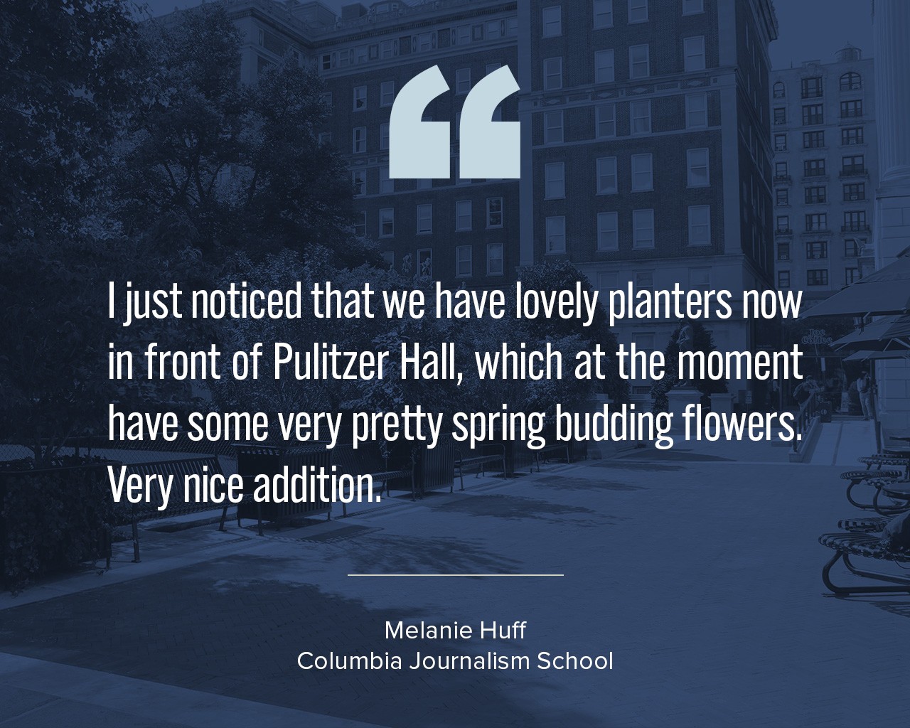 A quote against a blue background of Pulitzer Plaza that says, "I just noticed that we have lovely planters now in front of Pulitzer Hall, which at the moment have some very pretty spring budding flowers.  Very nice addition."