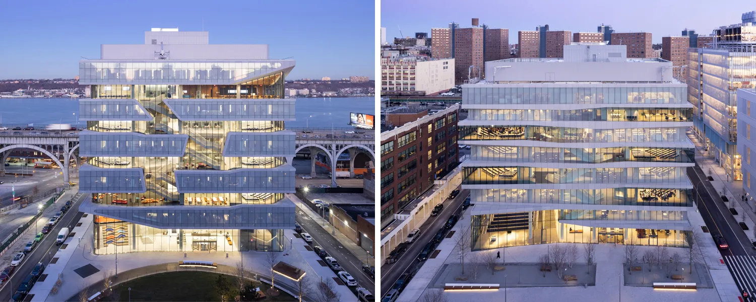 A view of Henry R. Kravis Hall and David Geffen Hall during the evening with interior lights illuminating the building.  