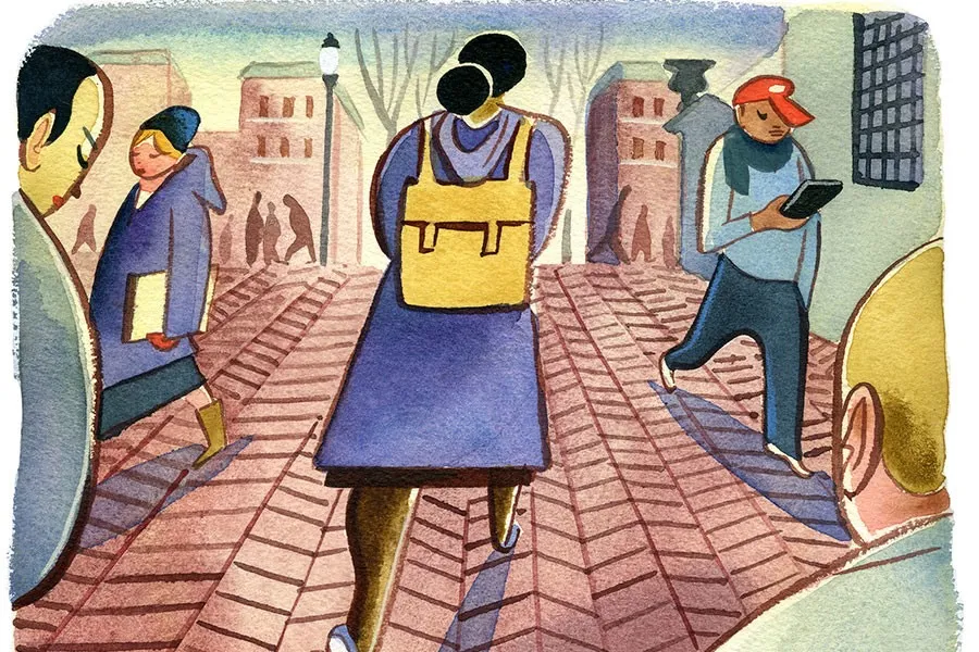 An illustration of people walking down College Walk during the fall.