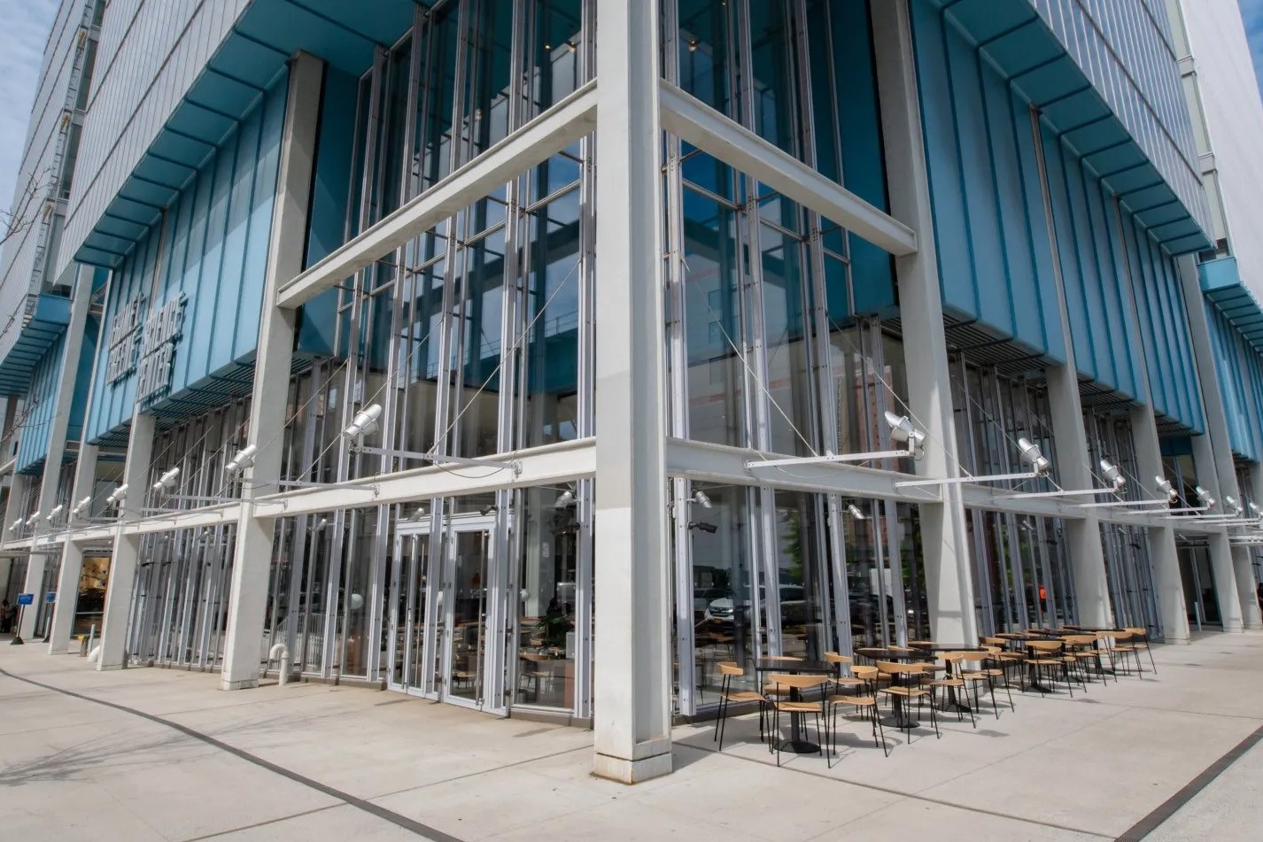 Oliva, a Spanish tapas restaurant, is located within Manhattanville Market at the Jerome L. Greene Science Center. The exterior of Oliva's, which is the corner of the Jerome L. Greene Science building.