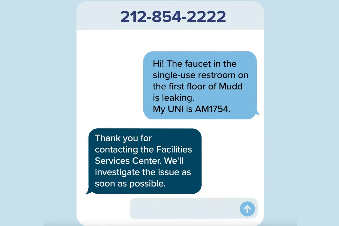 A graphic that shows a text conversation between a Columbia affiliate and the Services Center about a requested service.