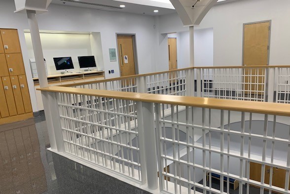 For the spring semester, Campus Operations refreshed several spaces in Warren Hall that were formerly occupied by Columbia Business School, with improvements including new LED lighting, fresh paint, and polished floors. A refreshed corridor in Warren Hall lounge that overlooks the floor below.
